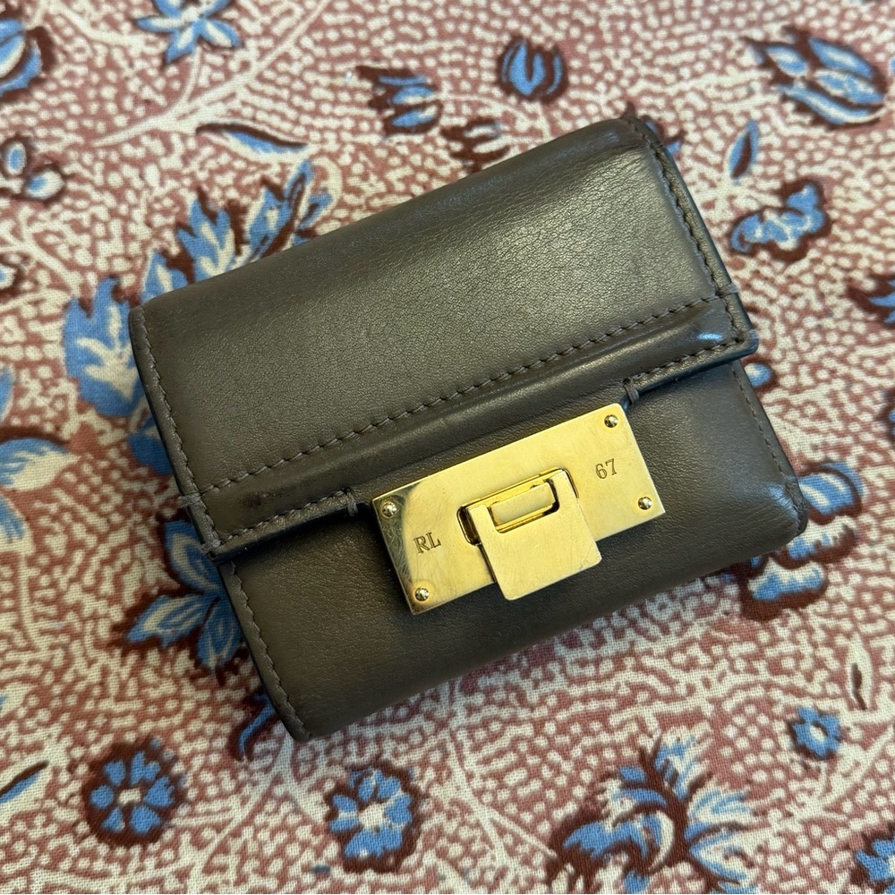 Warm Taupe Genuine Leather Ralph Lauren Tri-Fold Wallet with Gold Closure